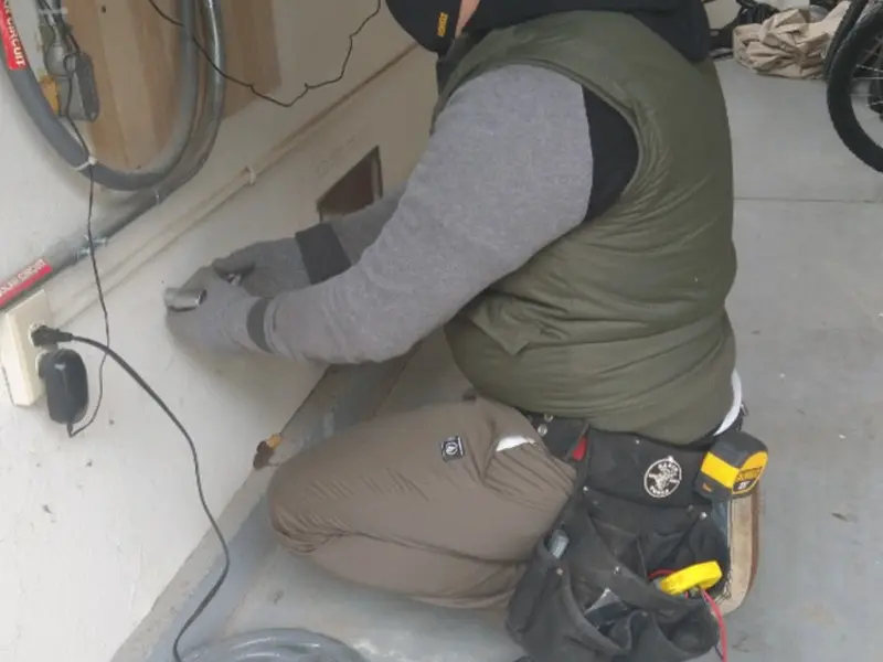 Electrician performing outlet wiring in a Monessen garage